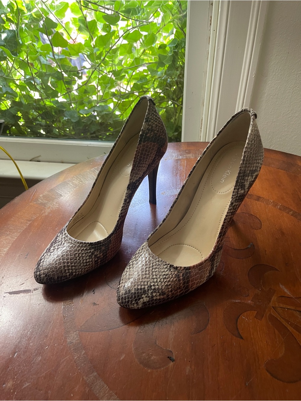 Calvin Klein Snake-Print Pointed Pumps in Taupe and Brown